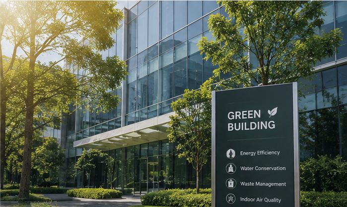 Green building exterior with sustainability signage