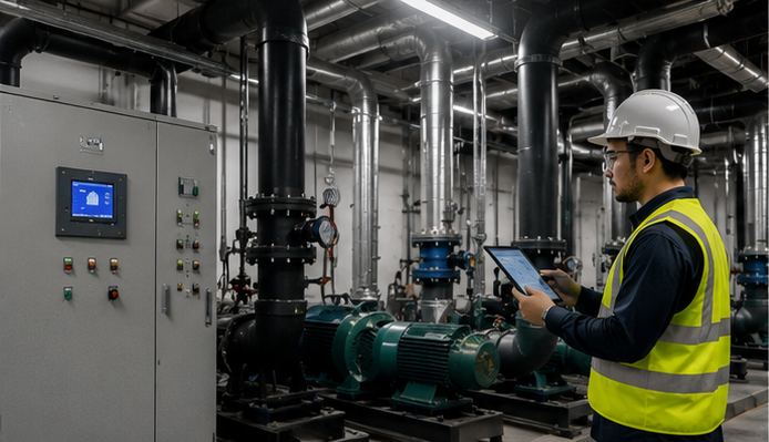 CONQR engineer monitoring MEP plant room equipment